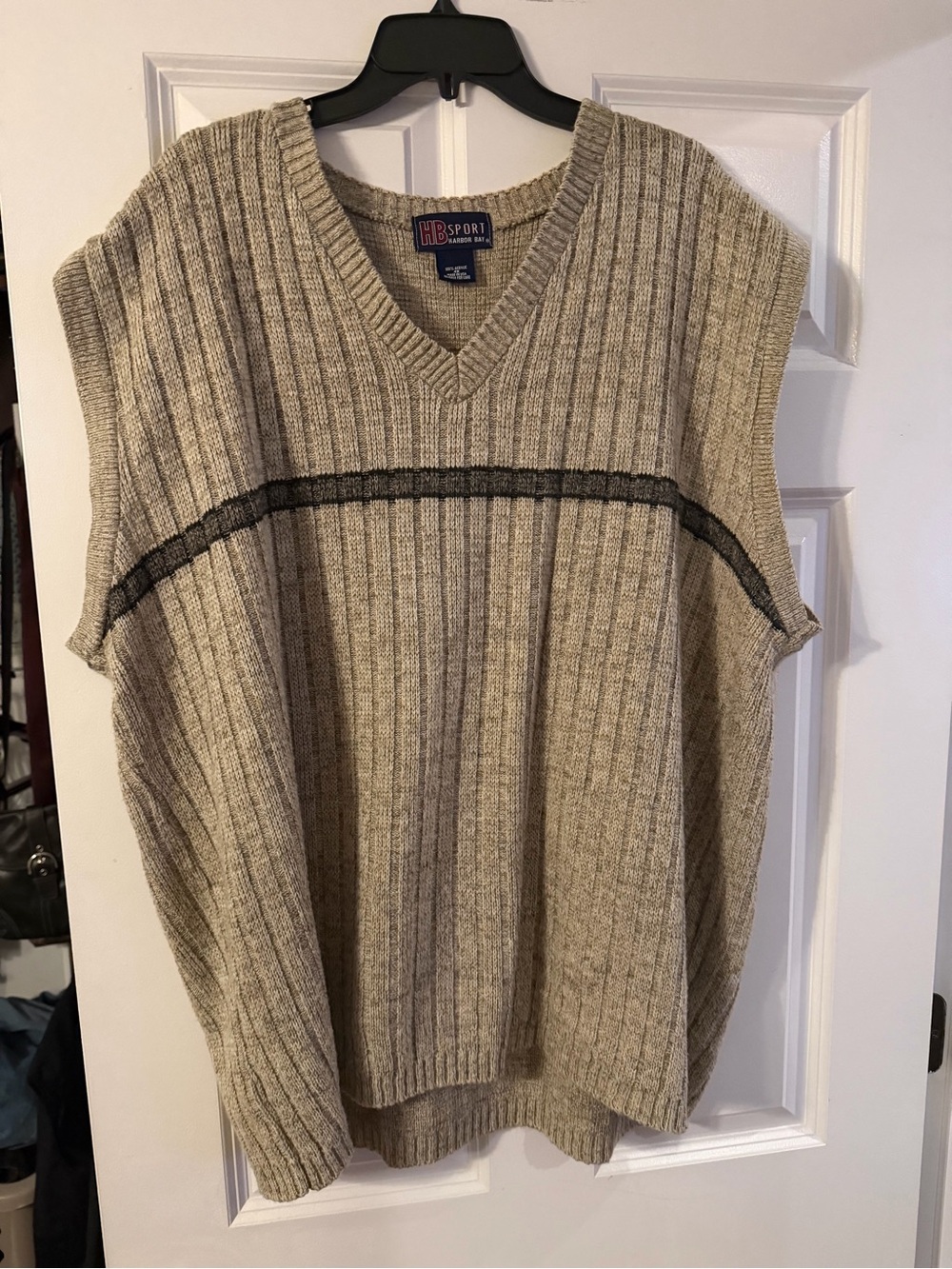 Harbor Bay Tan Ribbed V-Neck Sweater Vest with Charcoal Stripe